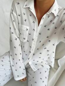 Livesso Bộ đồ mặc nhà 2 món dành cho nữ, có cổ và nơ trang trí, thích hợp cho mùa Thu/Đông. - trắng - Xem 3