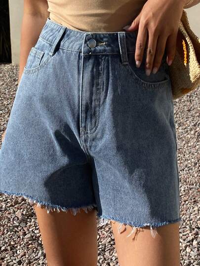 Livesso Women's Blue Frayed Hem High Waist Casual Denim Shorts For Summer Beach Holiday