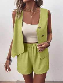 EMERY ROSE Women's Solid Color V-Neck Sleeveless Front Button Textured Fabric 2-Piece Set - Green - View 3