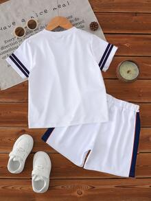 SHEIN Explorewe 1 Set Tween Boys' Casual Sports Style White & Blue Number 67 SIX SEVEN Print Short Sleeve T-Shirt And Shorts Set, Suitable For Daily Sports & Leisure Wear, Summer Outfits - Multicolor - View 2