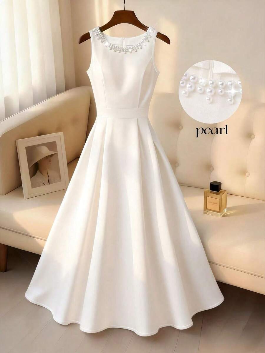 Franclia White Woven Fabric Sleeveless Long A Line Dress With Pearl Embellished Round Neck Wedding Day Party Pool Party Summer Romantic Elegant - White - View 1