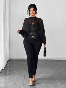 Elenzga Áo hai dây nữ thời trang đính sequin, thiết kế cổ đứng, phối cùng khăn choàng lưới và dây đeo mỏng, áo thun sequin thanh lịch, thích hợp cho các buổi tiệc mùa xuân/thu/đông, hẹn hò, Giáng sinh, Halloween, Ngày lễ tình nhân, Năm mới và các ngày lễ khác. - màu đen - Xem 3