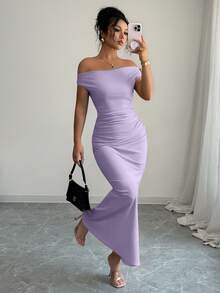 Rafferiza Đầm dự tiệc ôm sát cơ thể, thanh lịch, trễ vai, đính kim loại, xếp ly dành cho nữ. - Màu tím hoa cà - Xem 8