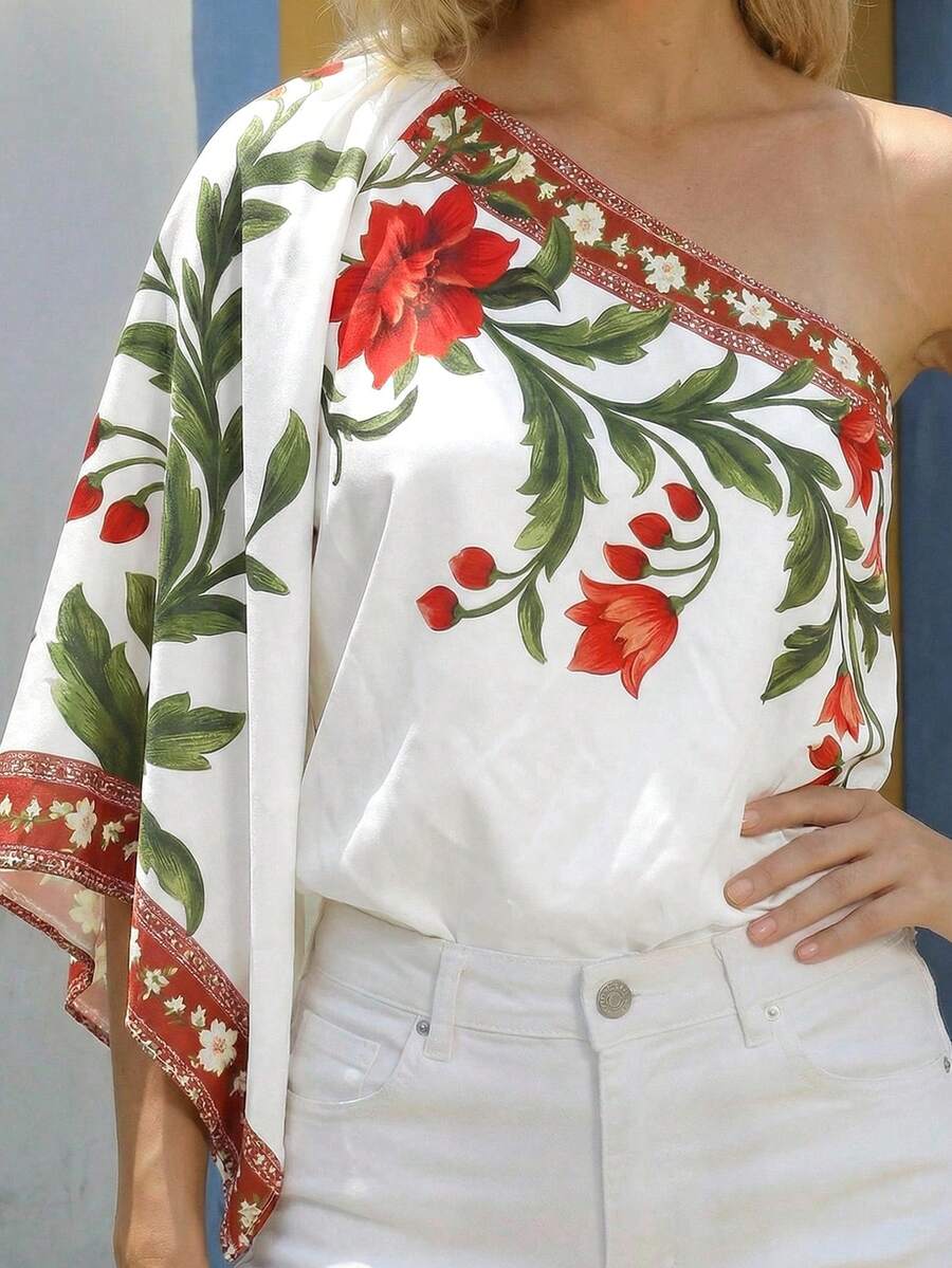 CAJUNI 女士极简印花不对称肩部连体衣 - 杏色 - 查看 1