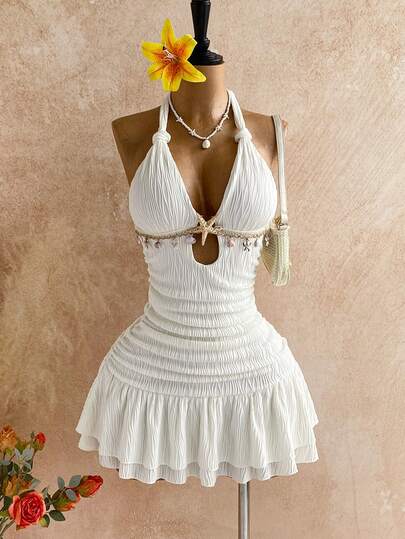 Soleia Plus Size White Halter Twist Bodycon Mini Dress, Metal Accessories & Shell Decor, Suitable For Beach Resort Vacation, Summer,Vacation Outfits Women ,Going Out Outfits,Beach Outfits For Women.