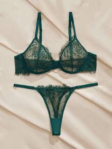 Charlaine 2pcs Lace Sexy Underwire Bra Set For Women - Dark Green - View 9