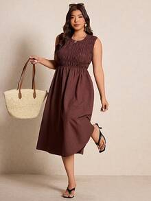 Elaquor Plus Solid Sleeveless A-Line Dress - Coffee Brown - View 5