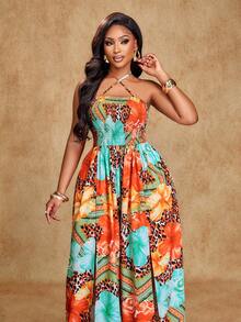 Brilight Women's Elegant Party Wear, Sexy, Casual, Vacation, Beach, Music Festival, Thanksgiving, Easter, Sunbathing, Stretchy Ruched Criss-Cross Halter Neck Jumpsuit, Loose Fit With Side Slits, Irregular Pattern Print, Sleeveless Long Jumpsuit. - Multicolor - View 3