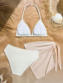 SHEIN 少女比基尼套装，休闲米色三件套泳衣+裙子，时尚休闲精致，适合游泳，适合夏季度假、海滩、游泳池、夏季派对休闲度假。比基尼套装，少女泳装三件套。 - 米色 - 查看 2