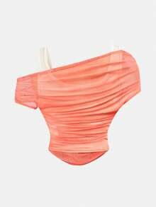 Girlism 少女碎花荷叶边不对称领口修身T恤 - 珊瑚橙 - 查看 2