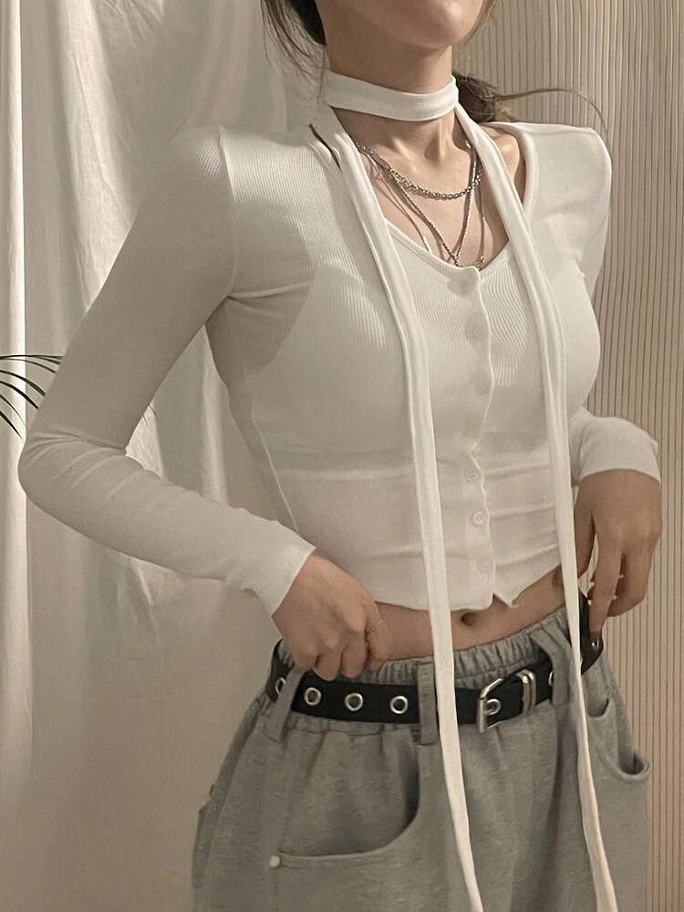 Women's Solid Color Short Front Button Casual Ribbed Slim Fit V-Neck Long Sleeve T-Shirt