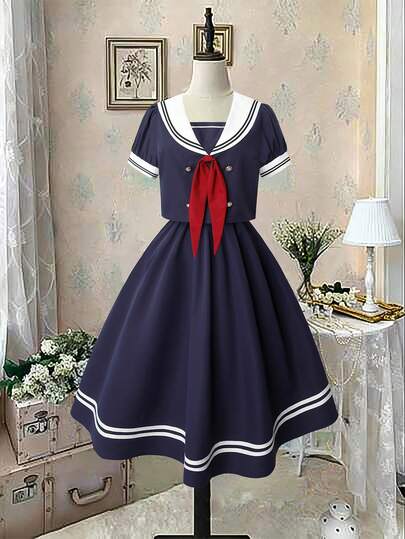 Sweetra Plus Size School Style Button Decor Sailor Collar Short Sleeve Top And Skirt 2 Pieces Set