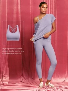 GLOWMODE Modal Silky Smooth Asymmetrical Hem Off-Shoulder 3/4 Sleeve Active Tee T-Shirt Daily Casual Wear - Purple - View 6