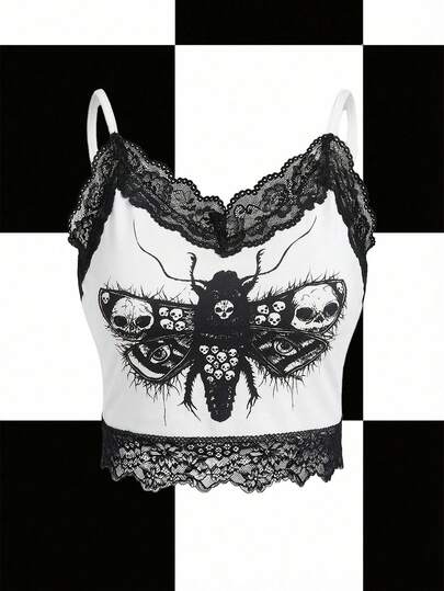 Y2Kool Robin Artist Dark Skull Print Contrast Lace Cami Top, For Summer, Holiday, Vacation, Spring, Beach, Going Out, Festival, Ibiza Fits Autumn Casual Stylish Clothing Collection New Year Outfits Gyaru Graphic Vest Party Vest