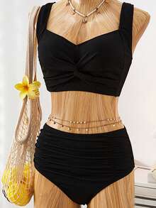 Costavie 女士沙滩度假纹理面料交叉褶皱设计泳衣套装 - 黑色 - 查看 7