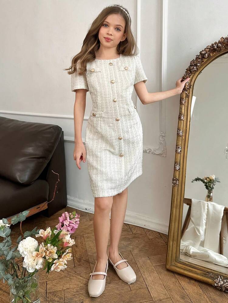 Tween Girls Square Neck Short Sleeve Front Button Elegant Summer Dress