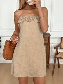 Easowa 3D立体荷叶边A字休闲度假优雅连衣裙，适合女性度假穿着，波西米亚风性感女装，夏季连衣裙，可爱女装，沙滩装，高品质女装，夏季连衣裙，女装，女装 - 杏色 - 查看 3