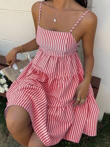 MainGRL 红色条纹针织吊带连衣裙，女士夏季连衣裙，吊带连衣裙，红色连衣裙 - 紅色 - 查看 9