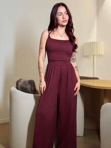 Abrilcols Women's Casual Pleated Loose Straight Leg Jumpsuit, Spring/Summer - Burgundy - View 4