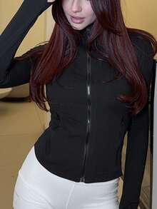 Abrilcols Women's Solid Color Front Zipper Long Sleeve Simple Casual Jacket Fall Winter Cloth For Women - Black - View 6