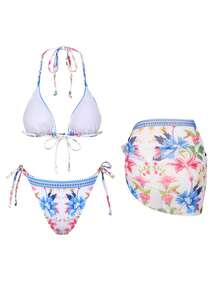 Swim Vcay Women's Print Backless Bikini 3-Piece Set Including Triangle Panty, Triangle Skirt, French Elegant Beach Vacation, Spring/Summer - Multicolor - View 2