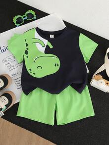 SHEIN Toddler Boy Clothes Cartoon Dinosaur Print Short Sleeve T-Shirt And Shorts 2 Piece Set,Kids Green Summer Outfit For School,Daily Casual,Party,Vacation - Multicolor - View 3