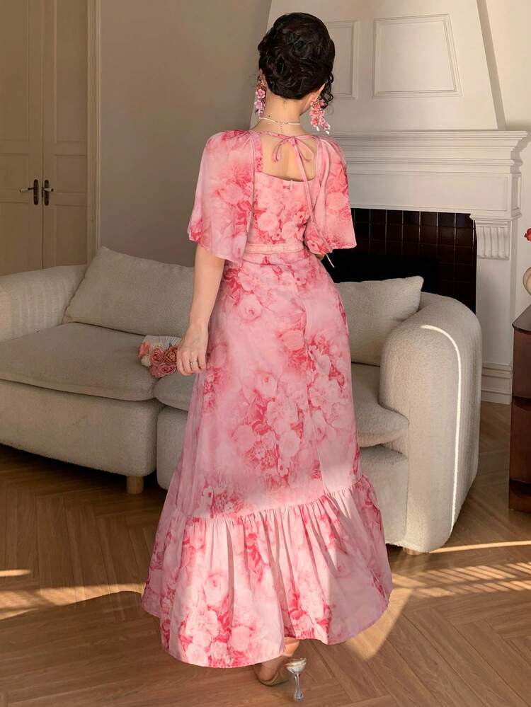 Women's Elegant Floral Print Square Collar Lace Patchwork Ruffle Sleeve Dress, Summer, Wedding Guest Dress Women Dress Sundress