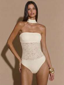 SHEIN BAE Bộ đồ liền thân ren phối ren gợi cảm dành cho nữ, thích hợp cho các bữa tiệc hộp đêm, sự kiện cocktail, trang phục gợi cảm để mặc hàng ngày, lễ hội, kỳ nghỉ, Halloween, Giáng sinh. - Màu be - Xem 4