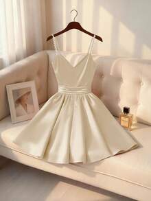 Franclia 女士优雅浪漫泡泡装饰吊带短款缎面酒红色连衣裙，春夏款 - 香檳色 - 查看 2