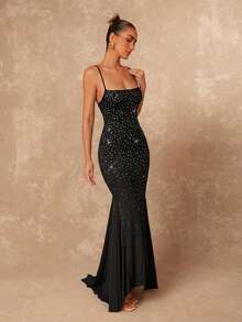 Lumalex Rhinestone Ombre Luxurious Mermaid Dress With Spaghetti Straps, Bodycon And Fishtail Hem For Women ,Summer Lace Up Black Club Sparkly Glitter Corset - Black - View 2