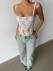 Aloruh White Lace Backless Spaghetti Strap Bodysuit, Fitted & Fashionable - White - View 8