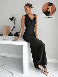 Siren Gaze 女士不对称领口垂褶腰身连体裤，性感优雅通勤连体裤，金属纽扣装饰连体裤，度假连体裤，时尚，通勤，优雅，性感，度假，海滩，夏威夷，垂褶领口 - 黑色 - 查看 3