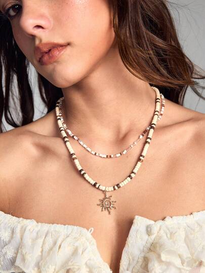ROMWE Fairycore 2pcs Fashion Beaded Necklace, Unique High-End Sun Pendant Double Layer Choker Necklace, Unisex Casual Necklace For Summer, Couple Necklace