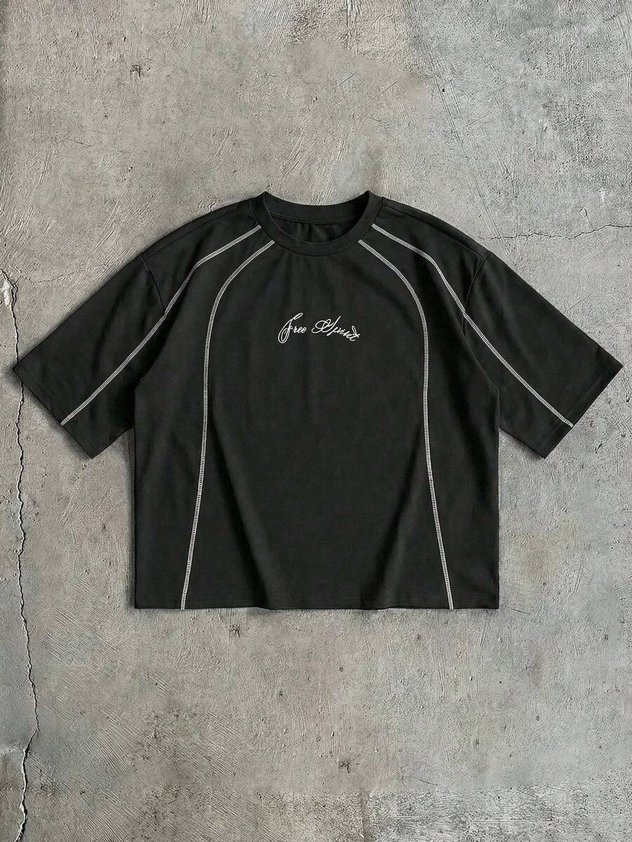 AXEPEAK Men's Casual Letter Graphic Round Neck Short Sleeve T-Shirt, Summer - Black - View 1