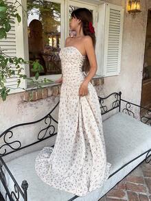 MainGRL Vestido con vuelo y cintura fruncida con estampado floral pequeño, adecuado para vacaciones y citas románticas - Multicolor - Ver 3