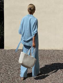 DAZY Women's Collared Short Sleeve Cinched Waist Waist Denim Shirt And Loose Fit Long Pants Vacation & Casual Denim Set - Light Wash - View 4