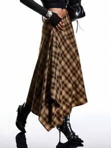 LYSMO 女士格子褶裥休闲百搭约会外出A字裙 - 咖啡棕 - 查看 5