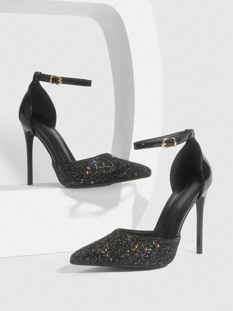 CUCCOO SZL Women Shoes Pointed Thin Heel Black Shiny Glitter Time Ankle Strap Women's Hollow Shoes Fashion Sexy Dinner Party Nightclub And Other Occasions Women's High Heel Shoes Women's Shoes
