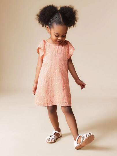  SUMWON Girls Coral Embroidered Floral Ruffle Sleeve Dress With Flutter Cap Sleeves Round Neckline Summer Spring Toddler For Casual And Vacation