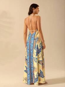 CAJUNI 女士度假热带波西米亚印花吊带系带休闲沙滩夏季长裙 - 黃色 - 查看 2