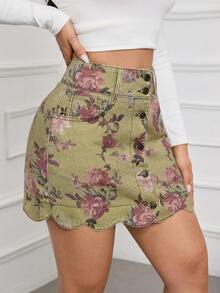 SHEIN Tall 夏季高个女士浪漫优雅夏季度假装扮婚礼及活动花卉印花贝壳边口袋修身牛仔迷你裙 - 綠色 - 查看 5