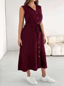 SHEIN Essnce 大码女装春夏时尚休闲宽松舒适基础款日常百搭修身深蓝色纽扣中长衬衫裙，适合女性工作场合、机场出行、简约风格、教师服、办公室穿着，V领带口袋 - 酒紅色 - 查看 3