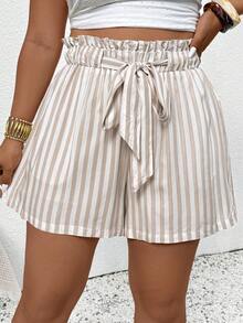 SHEIN Frenchy Shorts femininos plus size casuais listrados com bolso na cintura, ideais para primavera/verão e férias. - Damasco - Ver 4