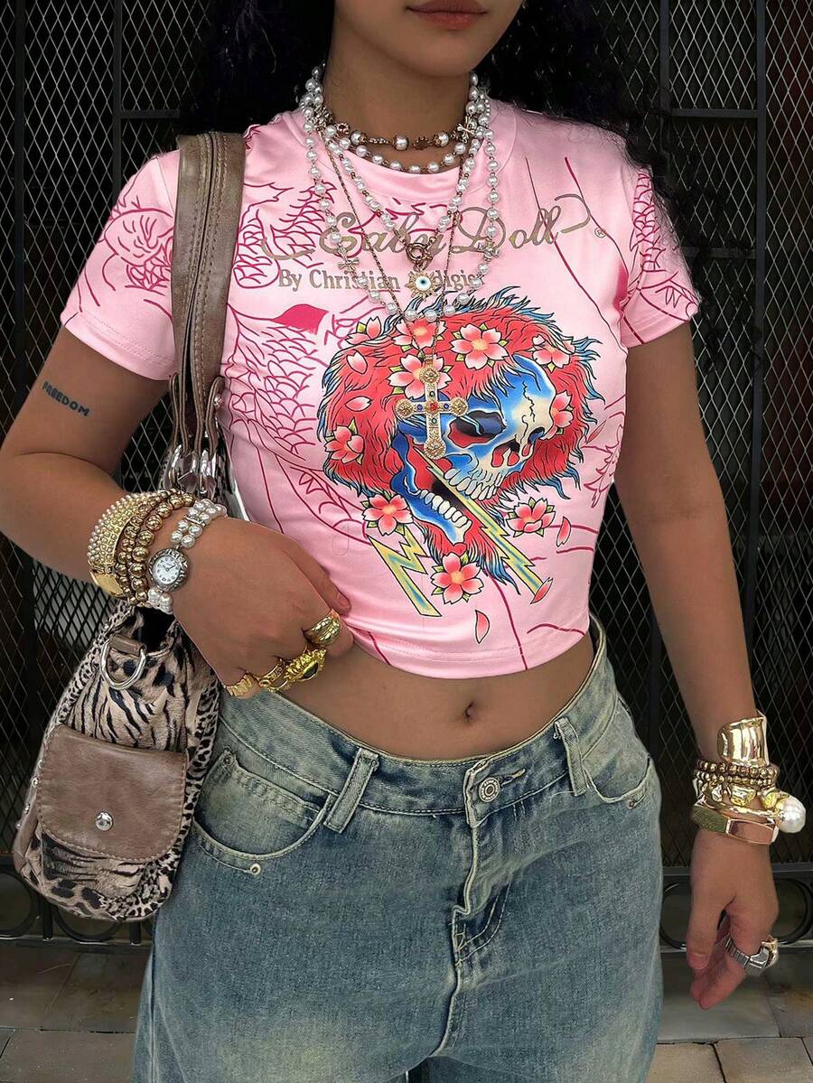 Rovax Áo thun nữ cổ tròn tay ngắn in chữ và đầu lâu - Nhiều màu - Xem 1