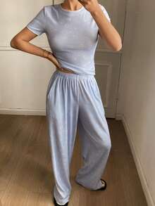 DAZY Cute Apple Print All-Over Knit Women Pajama Set - Blue - View 6