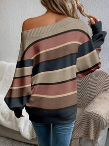 EMERY ROSE Plus Size Women Casual Vintage Striped Off Shoulder Loose Knit Sweater, Versatile For Commuting, Comfortable & Soft, Suitable For Autumn/Winter Fall - Multicolor - View 2