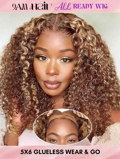 ALL READY WIG 渐变挑染 4/30 水波纹蕾丝前 BOB 假发，真人发，预先拔毛，6x5 无胶佩戴，即戴即走，短卷蕾丝前 BOB 假发，适合，真人发，16 英寸