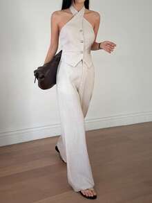 DAZY Women's Summer Halter Backless Fitted Cropped Sleeveless Tank Top And Loose Wide Leg Pants 2 Piece Set, Casual Outfit - Apricot - View 4