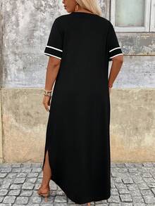 Breezaya Plus Size Color Block Trim Casual Vacation Dress - Black and White - View 2
