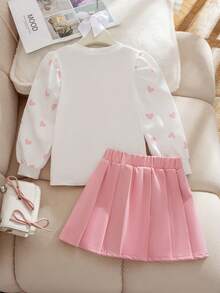 Elladie kids 2 pièces/Ensemble Sweat-shirt-shirt à manches longues avec imprimé cœur & Jupe plissée pour jeune fille, rose clair, automne, anniversaire, Saint-Valentin, vacances, nouvelle tenue à la mode - Rose bonbon - Voir 2